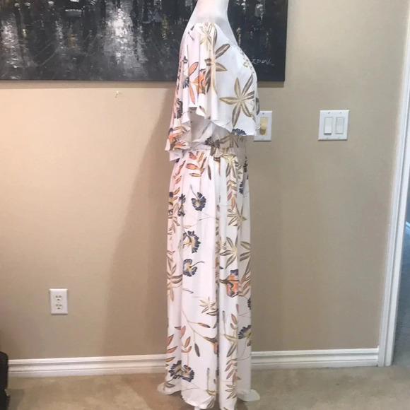 Roxy Floral White/Gold/Blue Flowy On/Off Shoulder Maxi Dress Poncho Style Top-10 - Picture 4 of 11